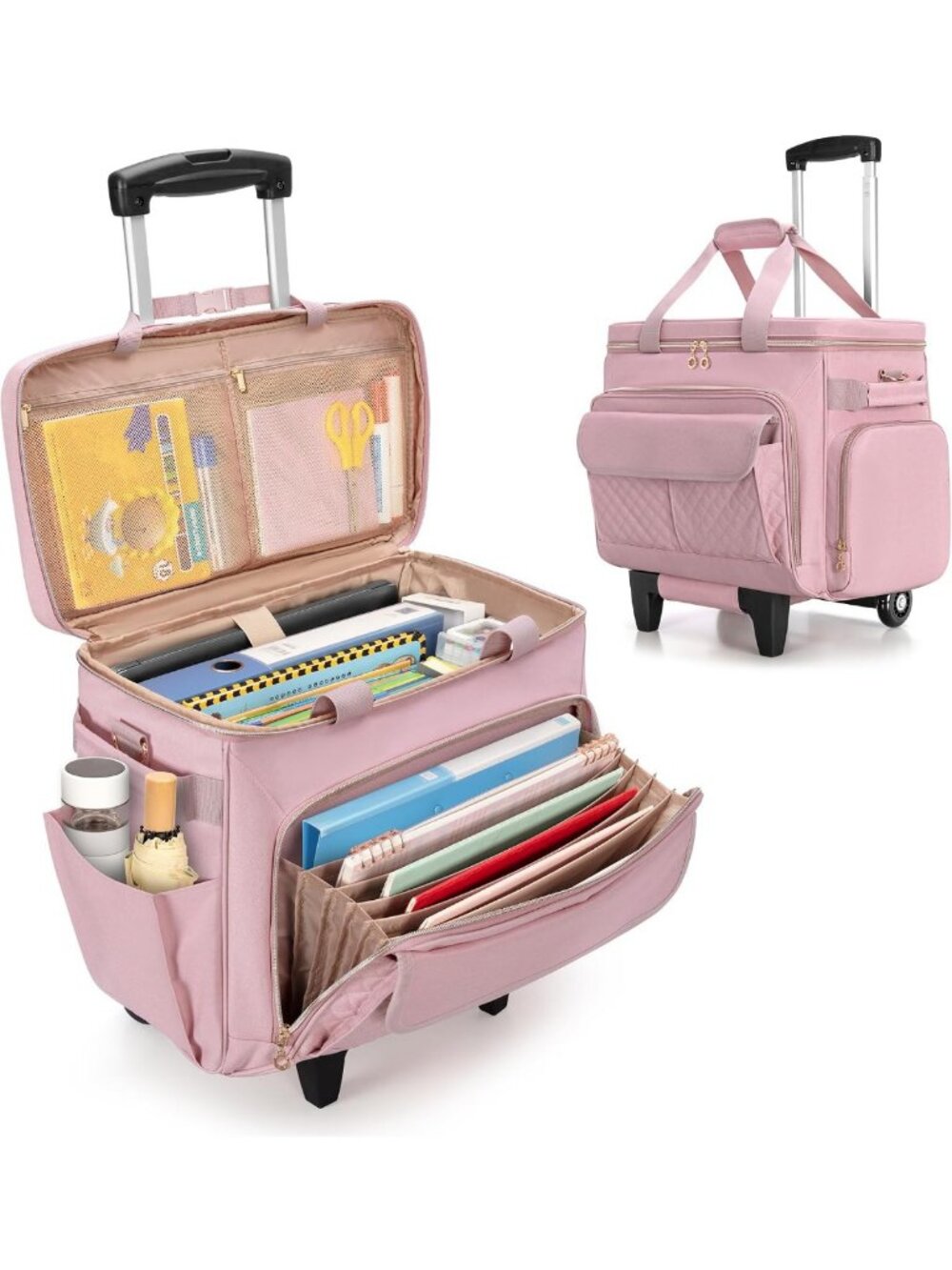 Stylish Rolling Teacher Bag with Wheels, 15.6" Laptop Compartment, Pink